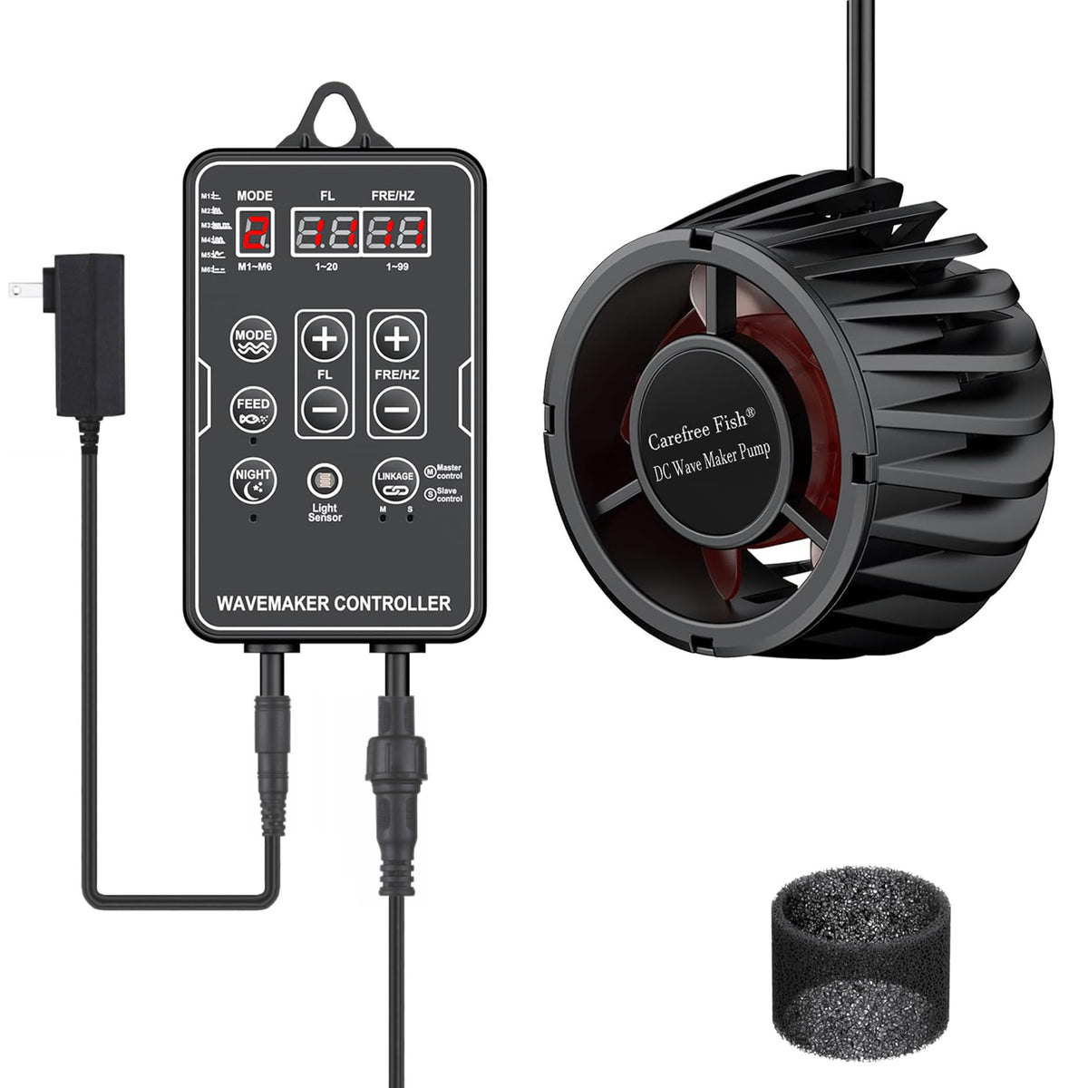 Carefree Fish DC24V Wave Maker LED display panel for precise flow control in freshwater and saltwater tanks.