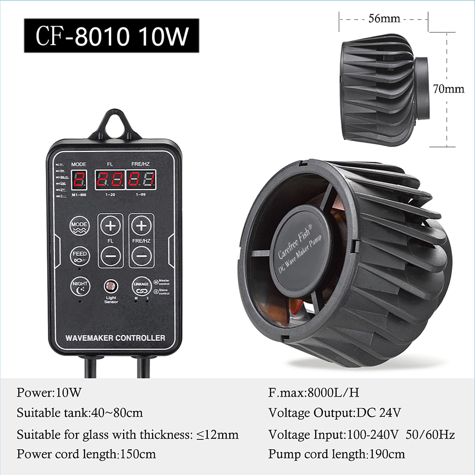 Carefree Fish DC24V Wave Maker power-off memory resumes last mode after power restoration.