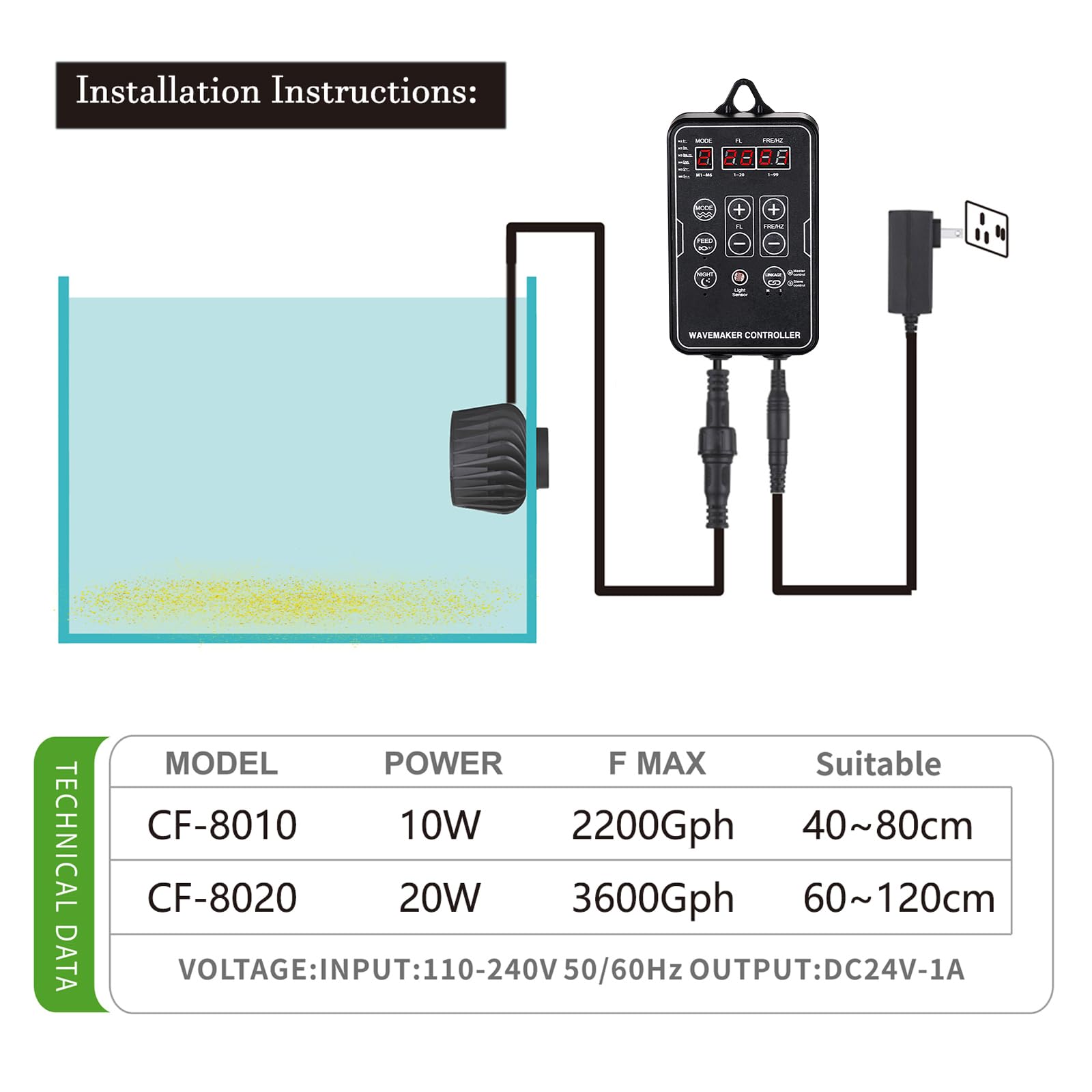 Carefree Fish DC24V Wave Maker suited for 30–80 gallon tanks, 15–32 inch long tanks.