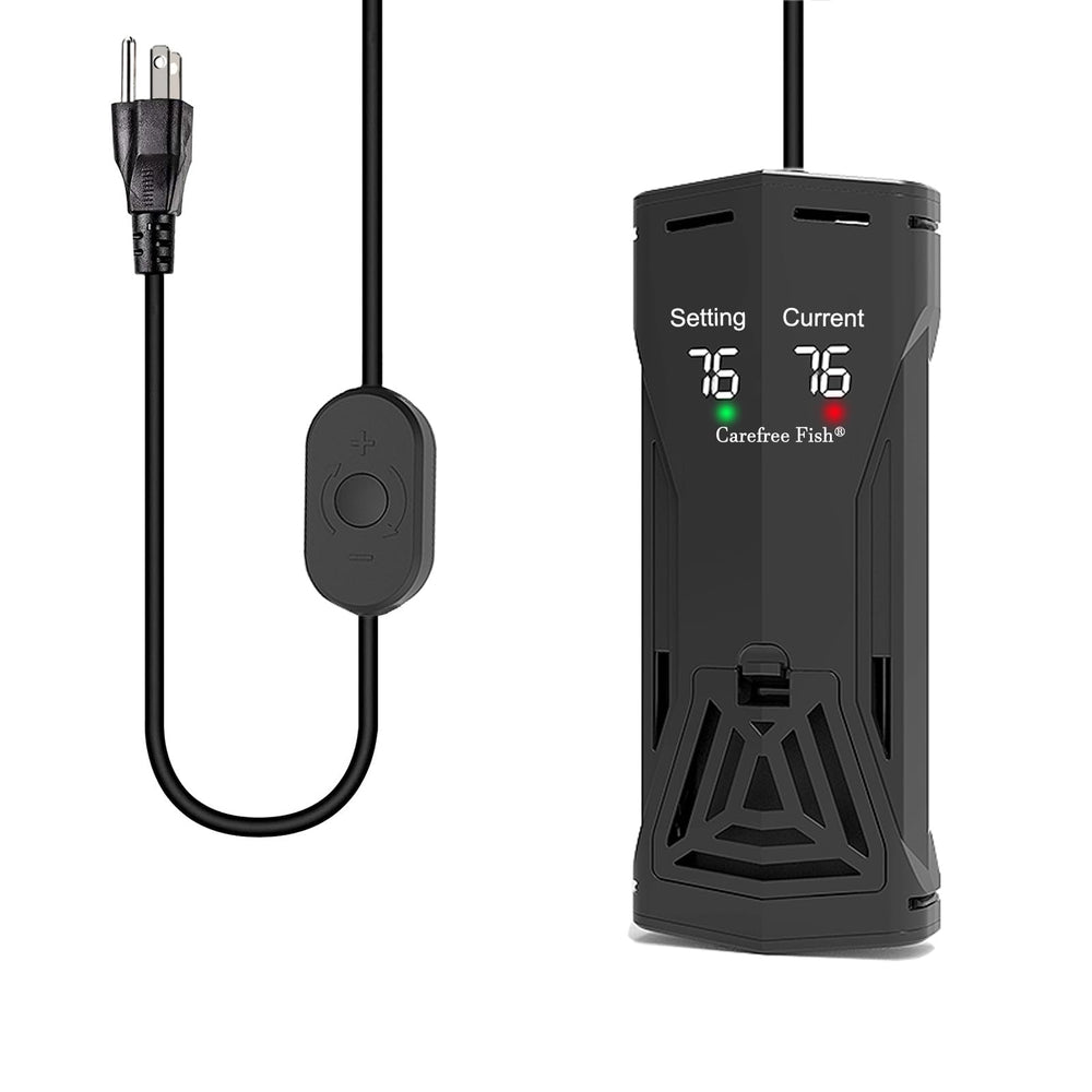 Carefree Fish PTC ceramic heater front view shows compact design for steady tank warmth.