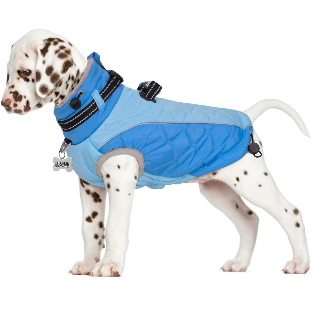 CAREUPET dog jacket water-resistant blue close-up shows fleece protection in light rain.