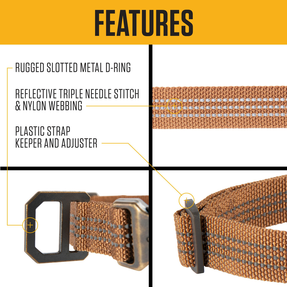 Carhartt dog collar showing reflective stitching for improved visibility at dusk.