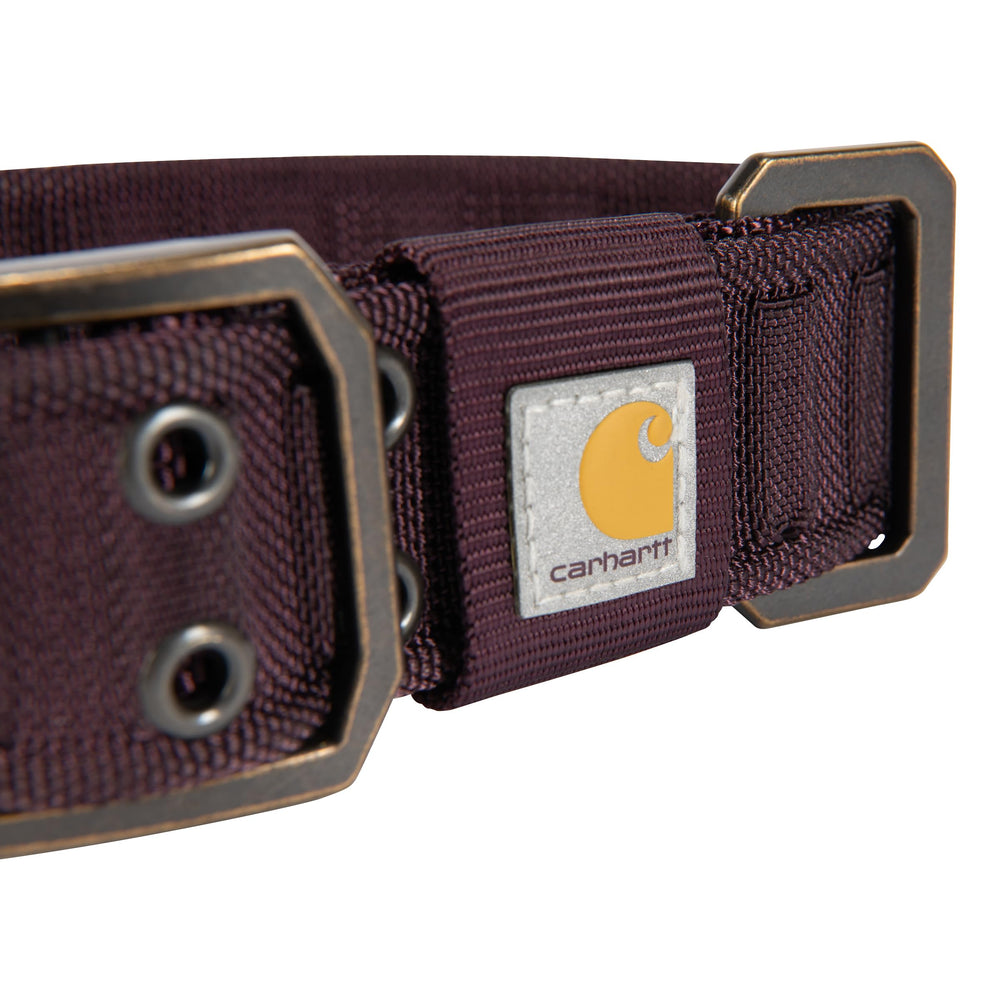Carhartt collar buckle close-up showing double-pronged metal buckle for easy adjustments