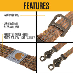Carhartt Pet Leash with reflective triple-needle stitching enhances visibility in low light.