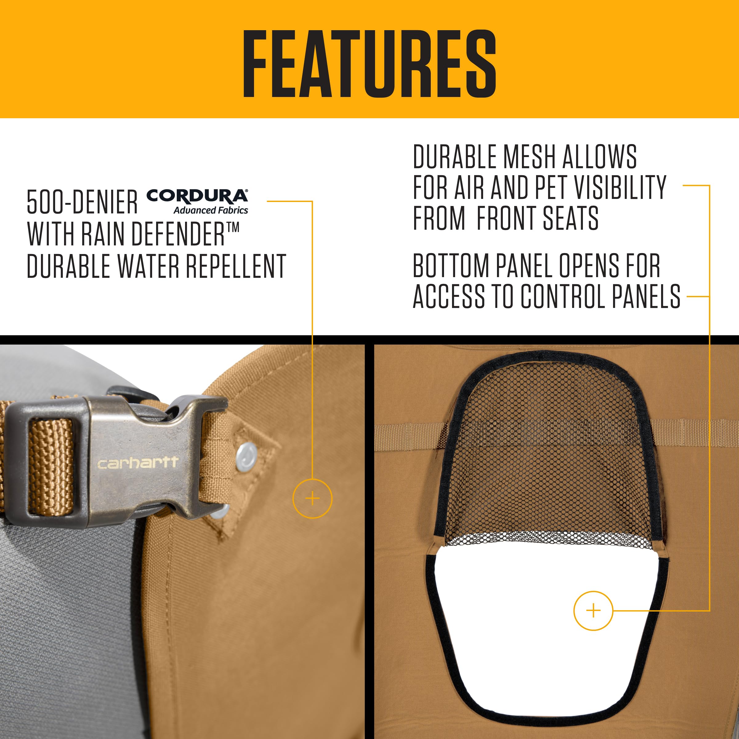 Carhartt barrier bottom-panel access allowing quick control panel reach without distraction.