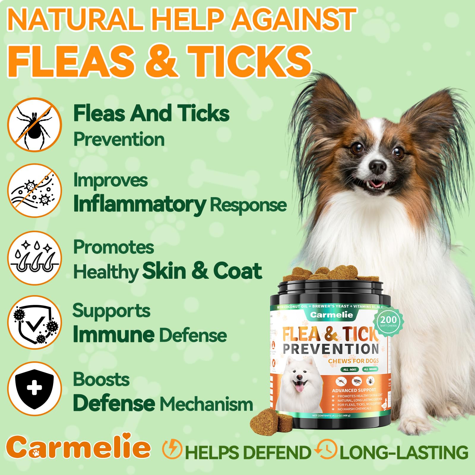 Carmelie 200-soft-chews-pack showcases value and long-lasting protection for all-size dogs.