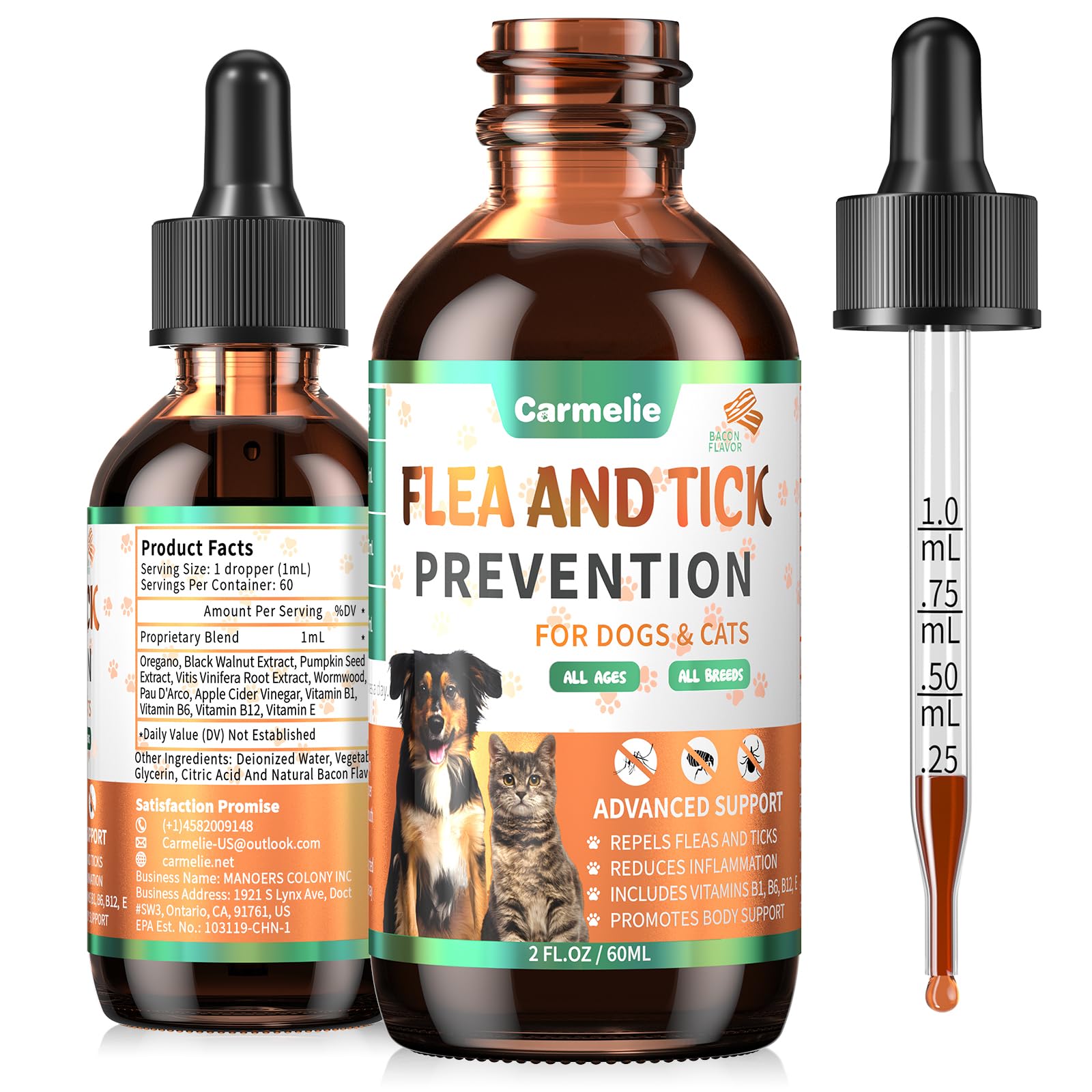 Carmelie bacon-flavor flea & tick drops bottle for pets—natural daily protection