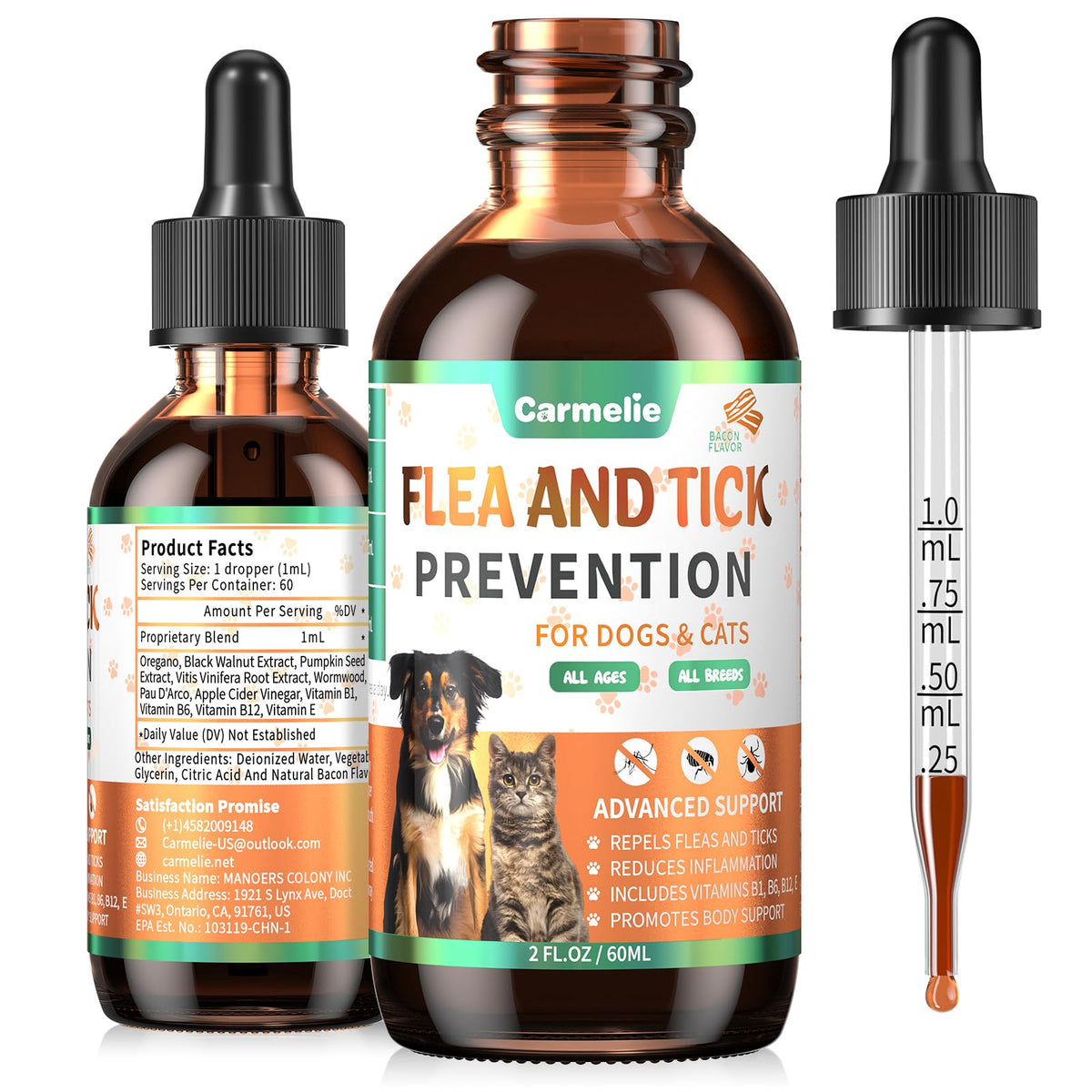 Carmelie bacon-flavor flea & tick drops bottle for pets—natural daily protection