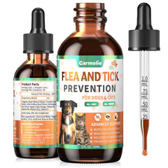 Carmelie bacon-flavor flea & tick drops bottle for pets—natural daily protection