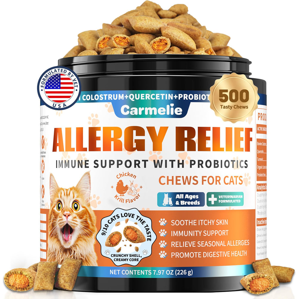 Carmelie cat allergy chews bottle shows jar for ongoing immune-friendly daily support.