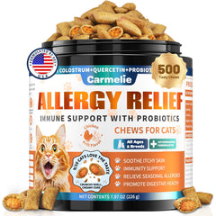 Carmelie cat allergy chews bottle shows jar for ongoing immune-friendly daily support.