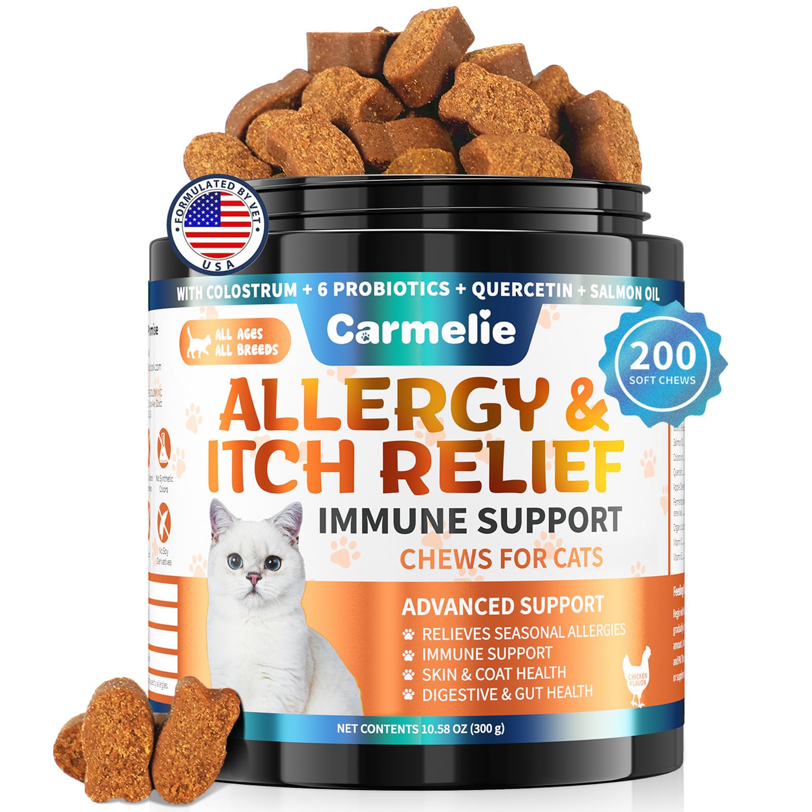 Carmelie Cat Allergy Relief Chews packaging with 200 soft chews for easy administration