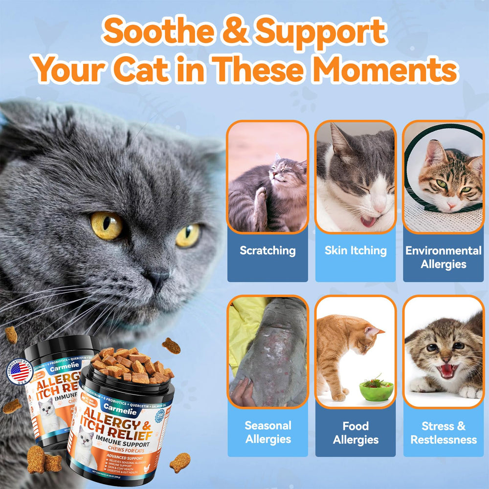 Carmelie Cat Allergy Relief Chews probiotic support for coat health