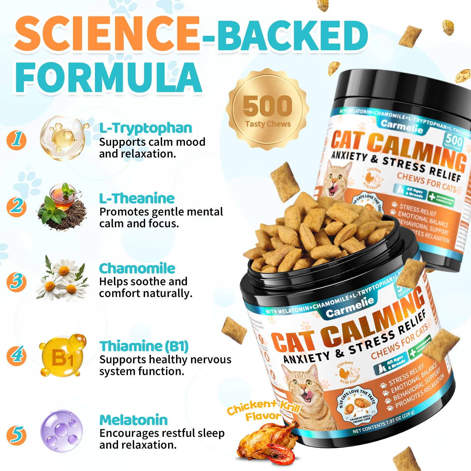Carmelie cat calming treats chamomile blend image emphasizes gentle soothing ingredients for calm moments