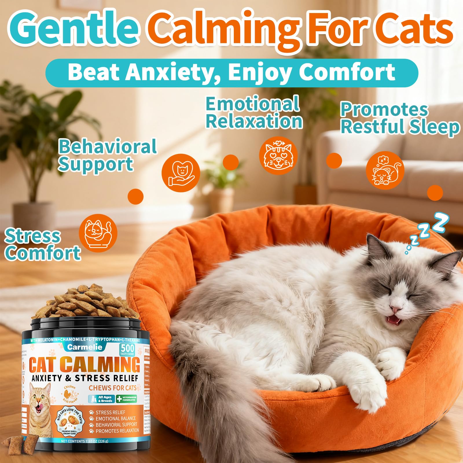 Carmelie cat calming treats crunchy shell close-up highlights appealing texture for picky cats