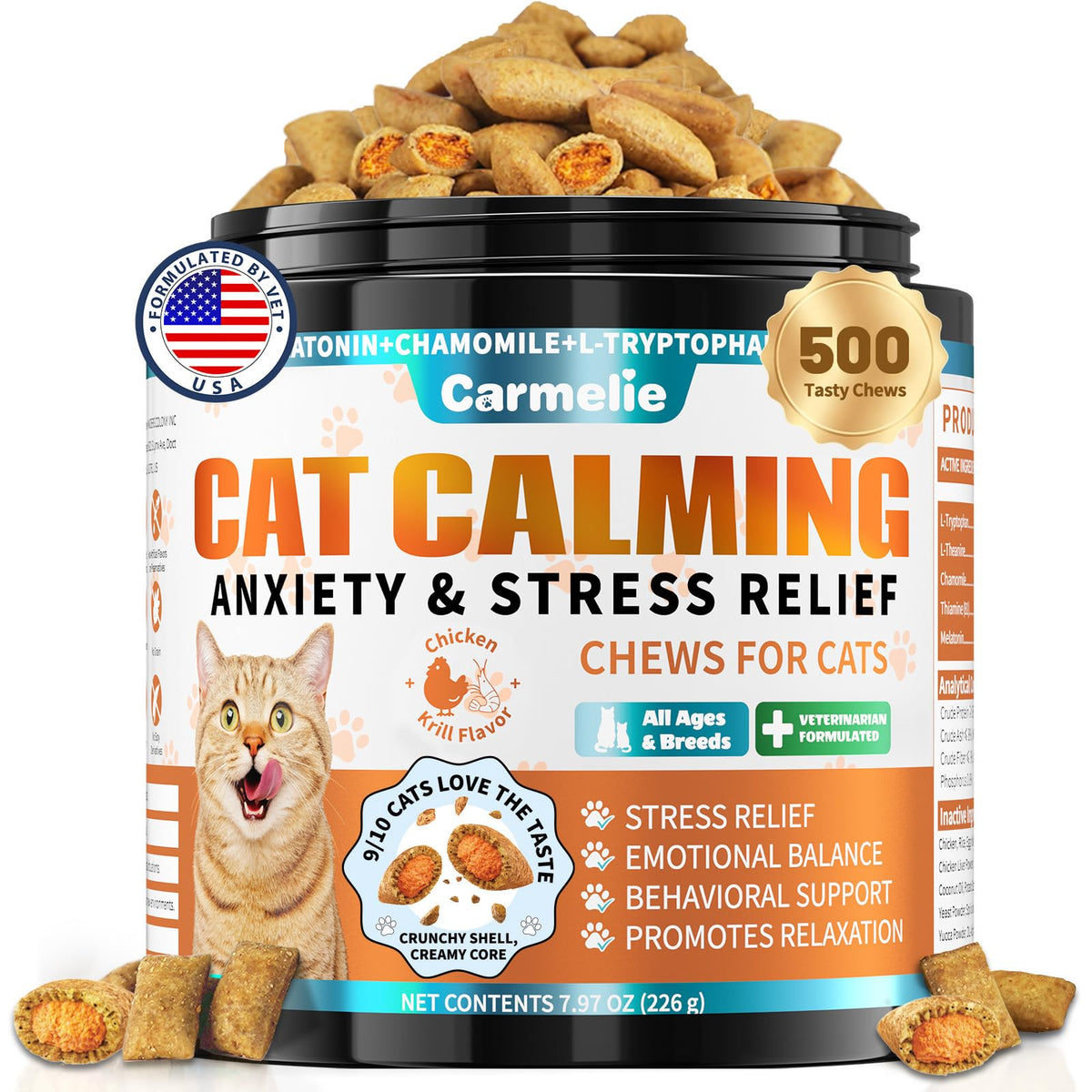Carmelie cat calming treats packaging shown, ready to support everyday calm and stress relief