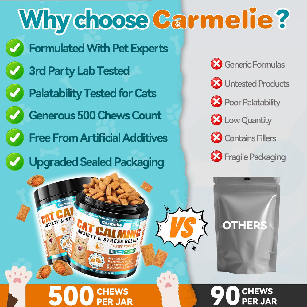 Carmelie cat calming treats serving suggestion with cat during quiet time signals easy stress management
