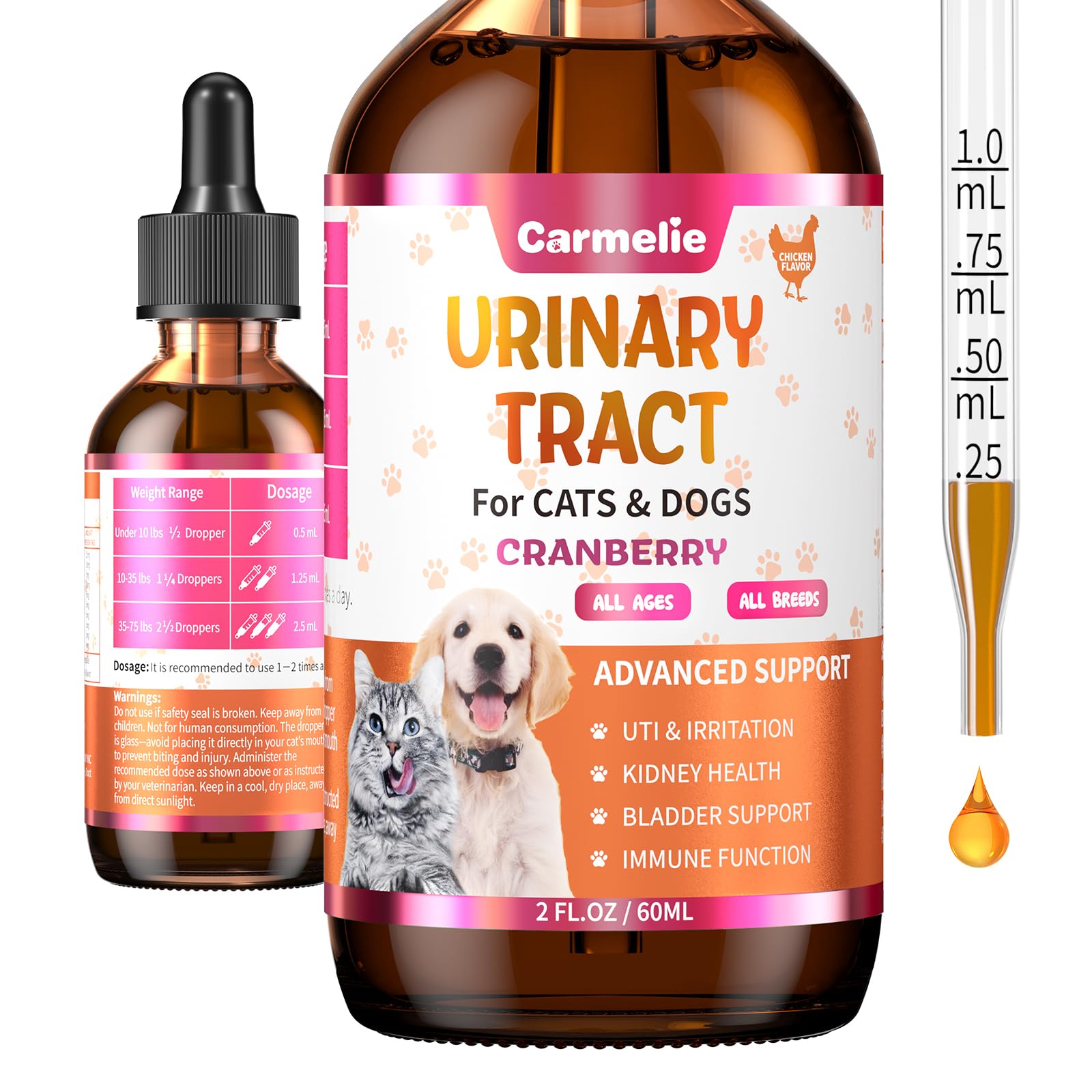 Carmelie urinary drops bottle shown for easy daily urinary support for cats and dogs.