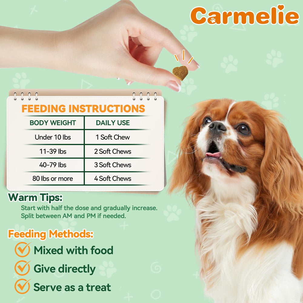 Carmelie chews suitable for dogs of all sizes, from puppies to seniors.