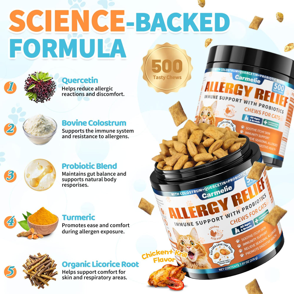 Carmelie colostrum-probiotics ingredients panel shows gut health support and skin comfort.