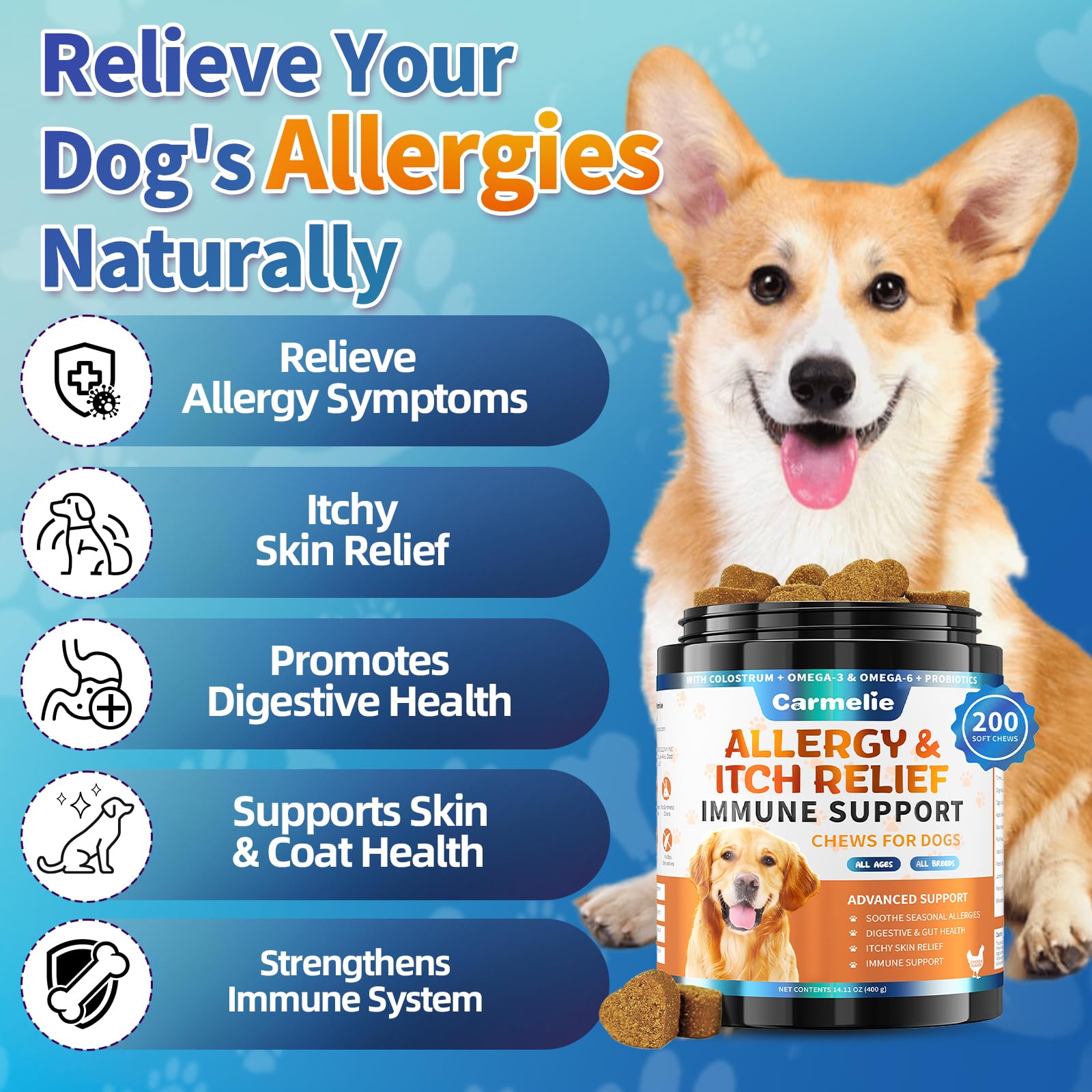 Carmelie Dog Allergy Chews chicken flavor highlights tasty, easy-to-chew allergy relief.