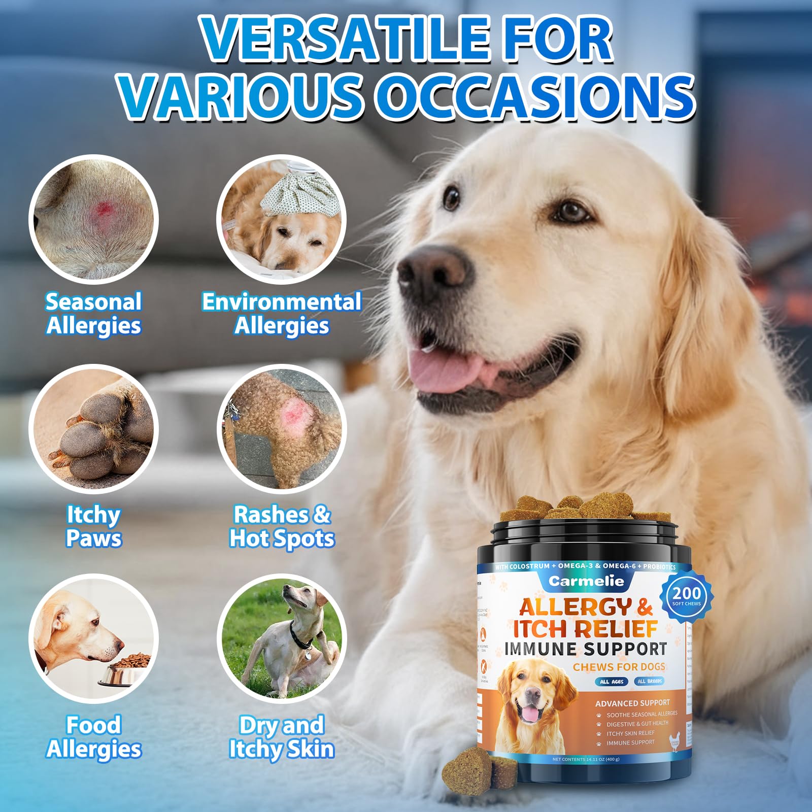 Carmelie Dog Allergy Chews puppy-friendly design supports skin and coat health.