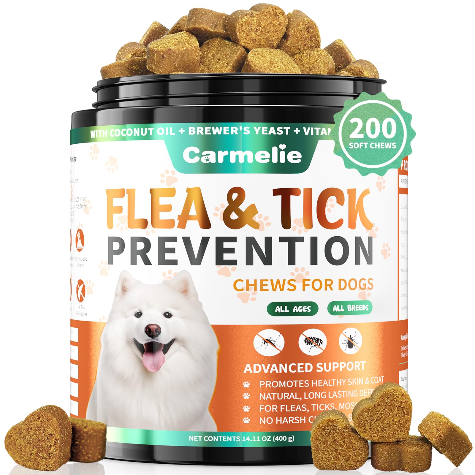 Carmelie dog flea chews in duck flavor for easy daily prevention on adventures.