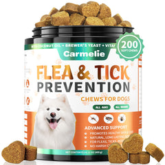Carmelie dog flea chews in duck flavor for easy daily prevention on adventures.
