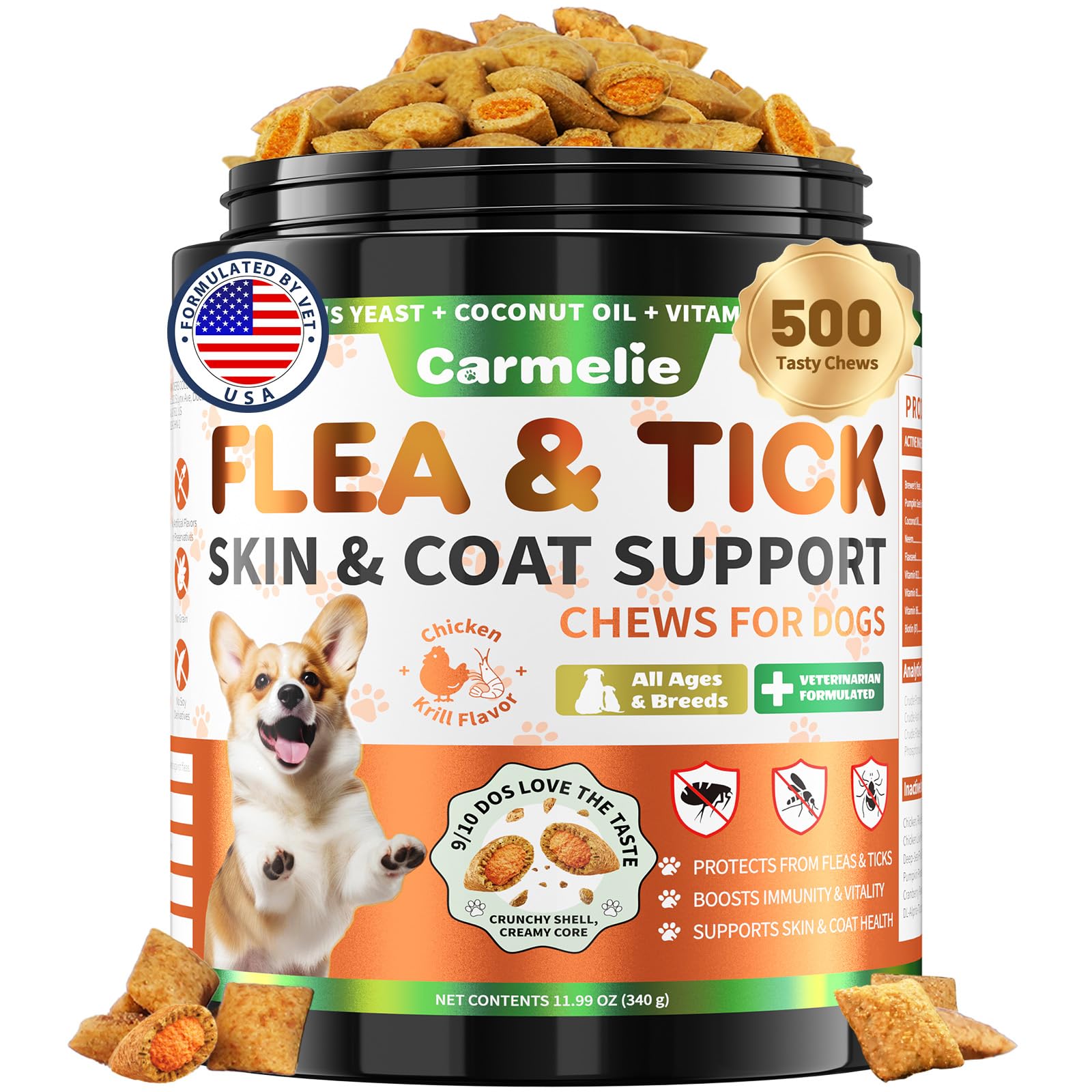 Carmelie flea-tick chews jar 500-count for easy daily protection.