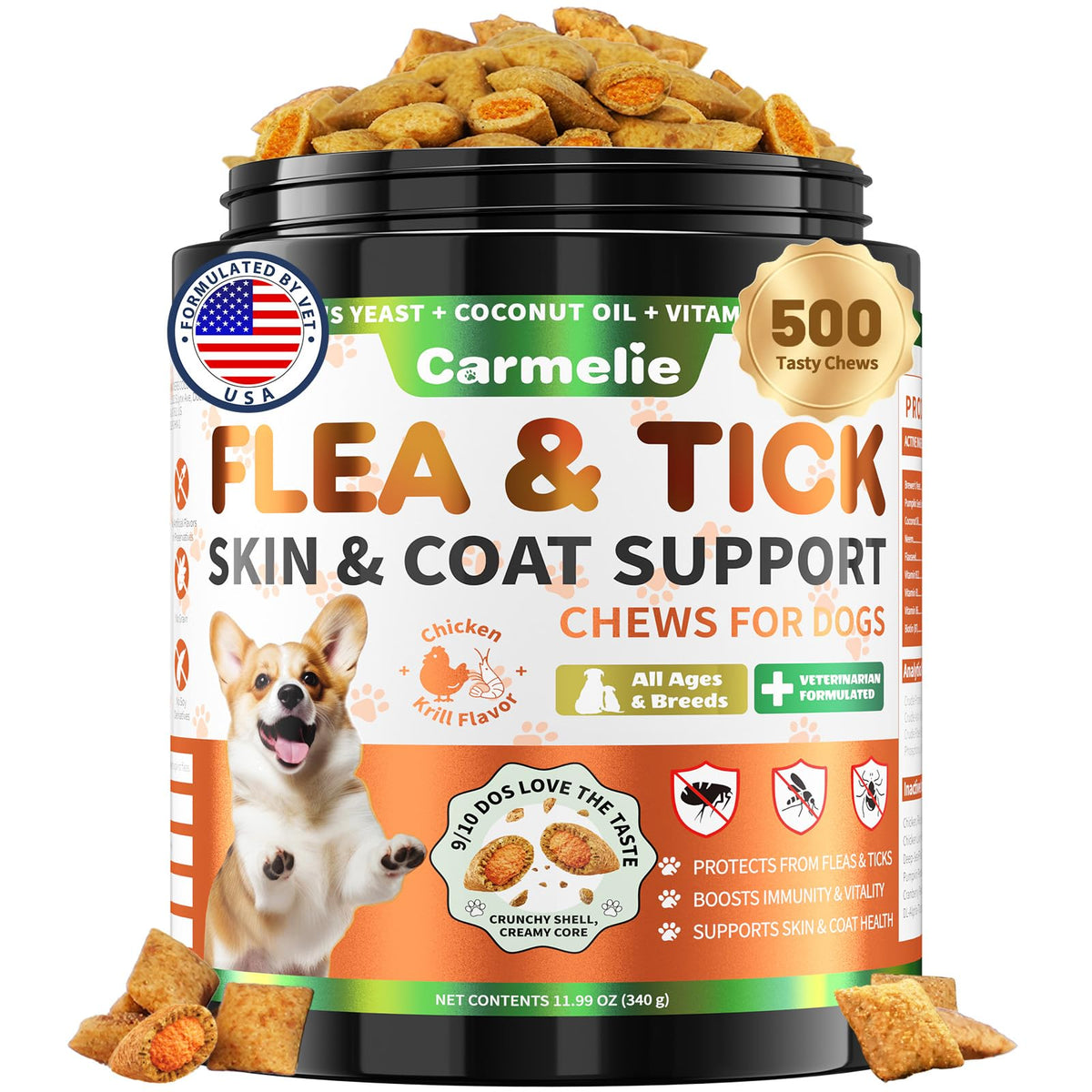 Carmelie flea-tick chews jar 500-count for easy daily protection.