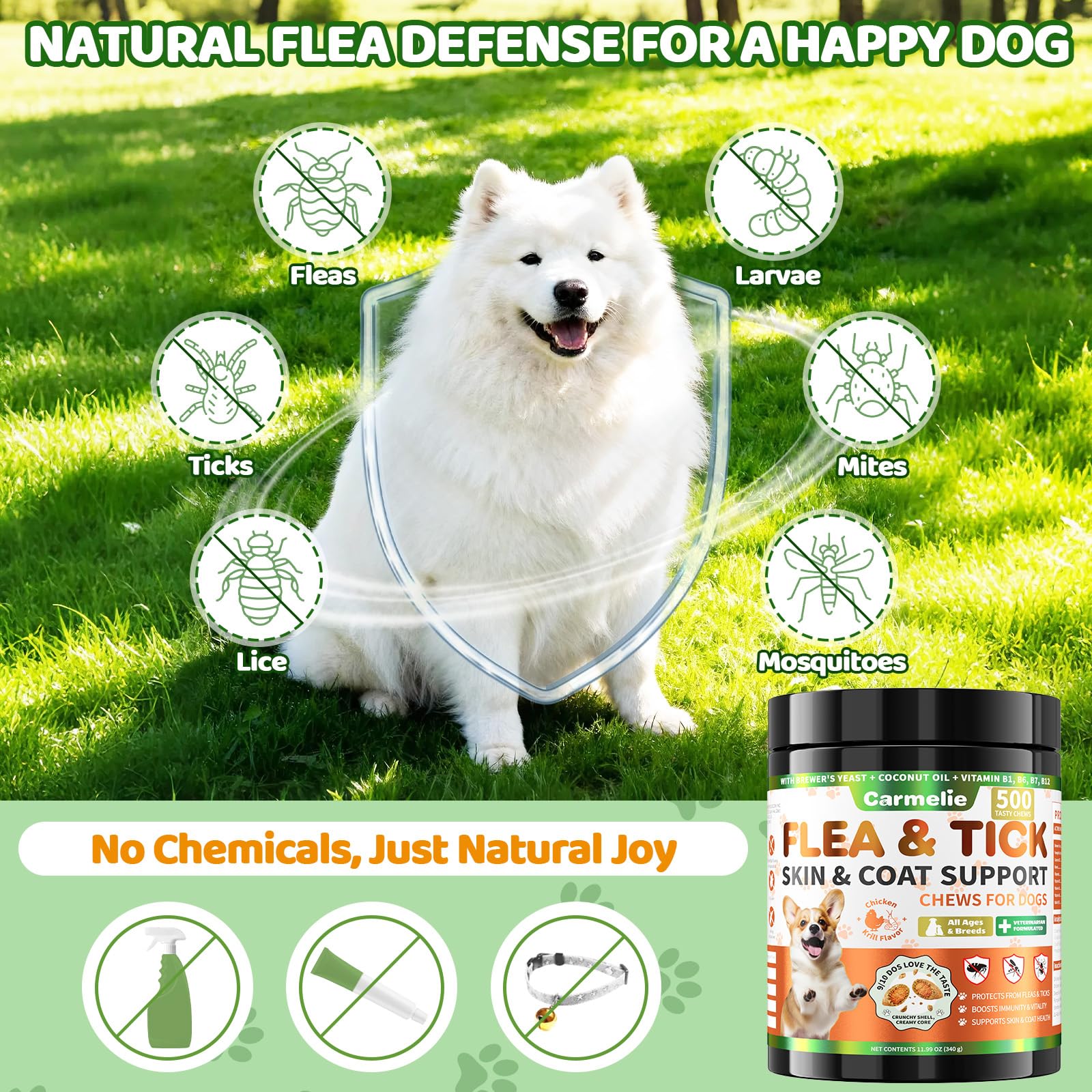Carmelie chews featuring krill center for tasty flea/tick support.