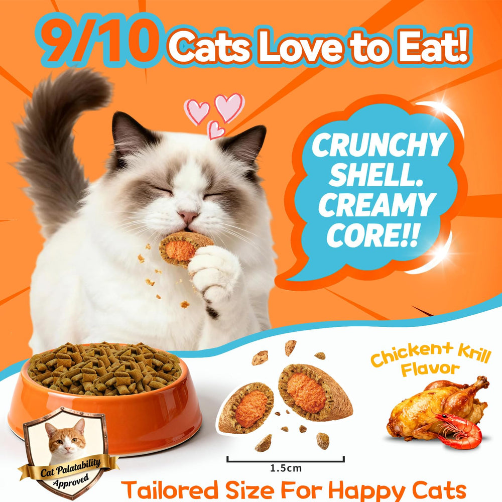 Carmelie dual-flavor crunchy-shell highlights chicken shell with tasty center appealing to picky cats.