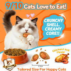 Carmelie dual-flavor crunchy-shell highlights chicken shell with tasty center appealing to picky cats.