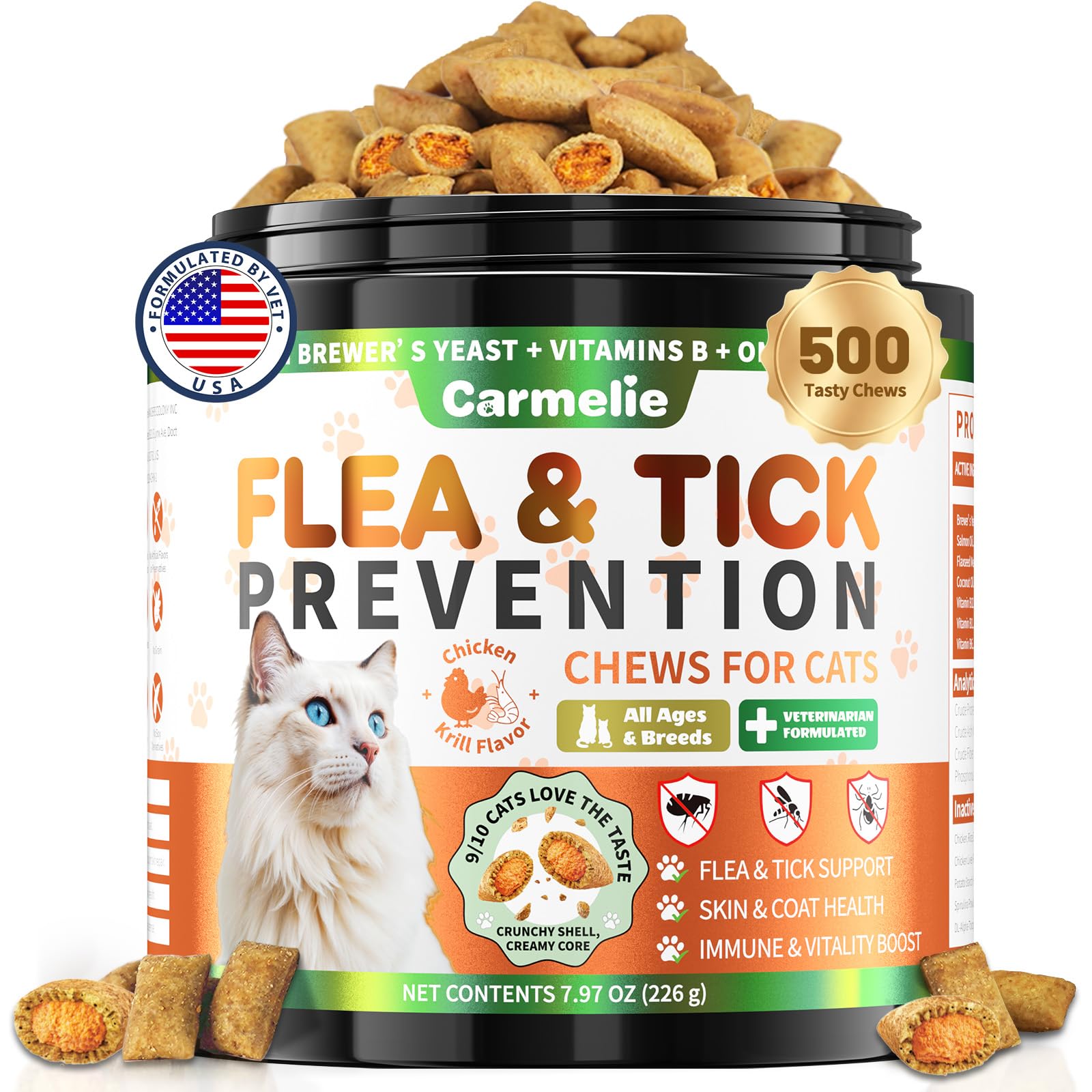 Carmelie flea tick chews bottle close-up supports daily flea defense for cats