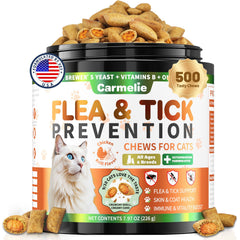 Carmelie flea tick chews bottle close-up supports daily flea defense for cats