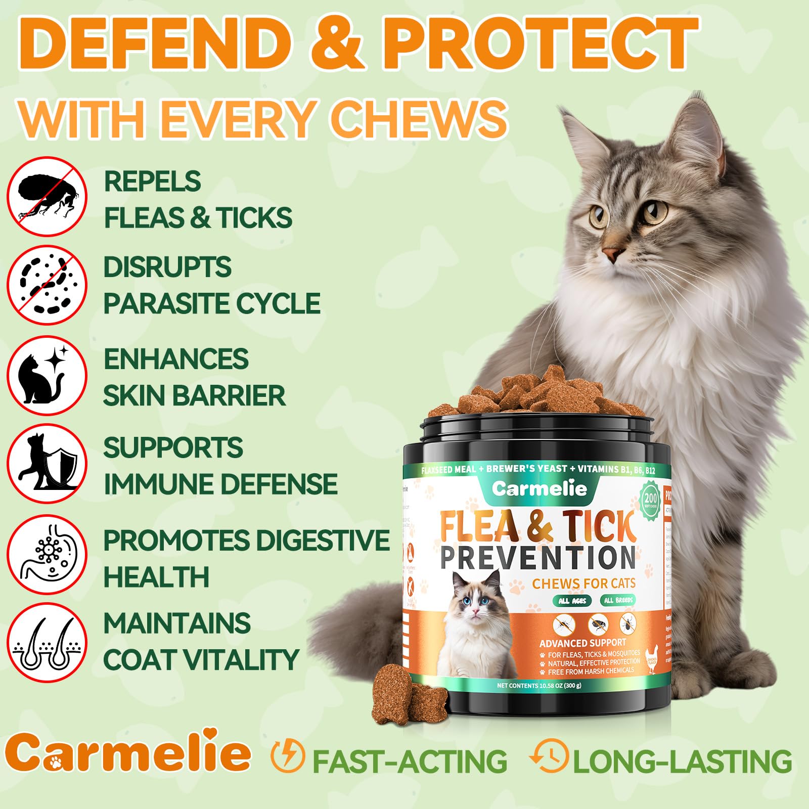 Carmelie flea tick chews chicken flavor packaging shows daily dosing convenience