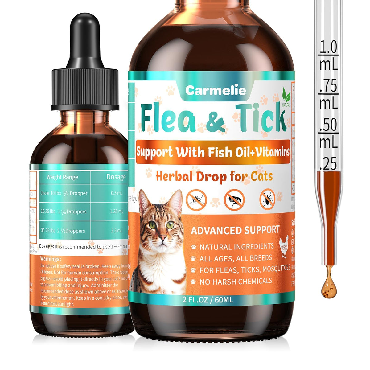 Carmelie flea tick drops bottle pour enables easy dosing for cats.