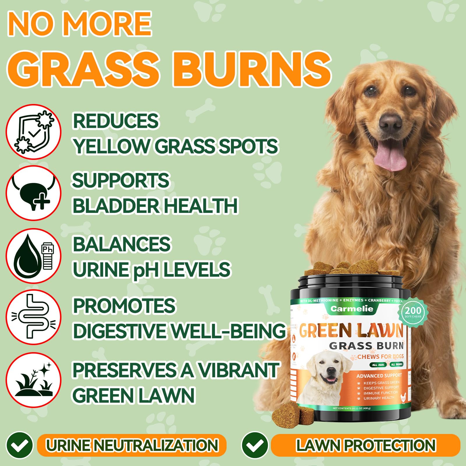 Carmelie Grass Burn Spot Chews close-up of chicken-flavored soft chews for urinary balance.