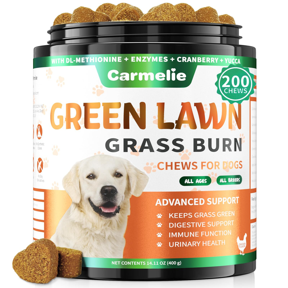Carmelie Grass Burn Spot Chews packaging shows 200 chews for lawn protection.
