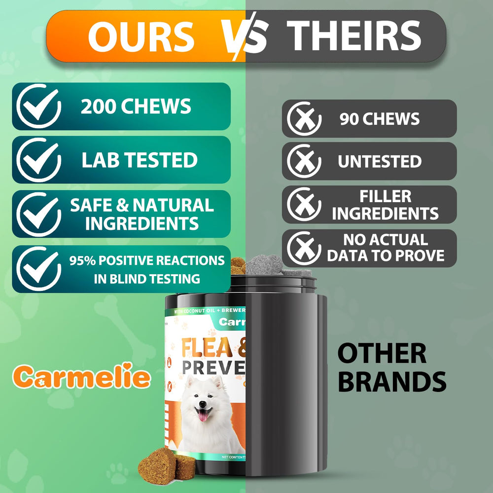 Carmelie happy dog all-breeds captures a satisfied pet ready for flea prevention chews.