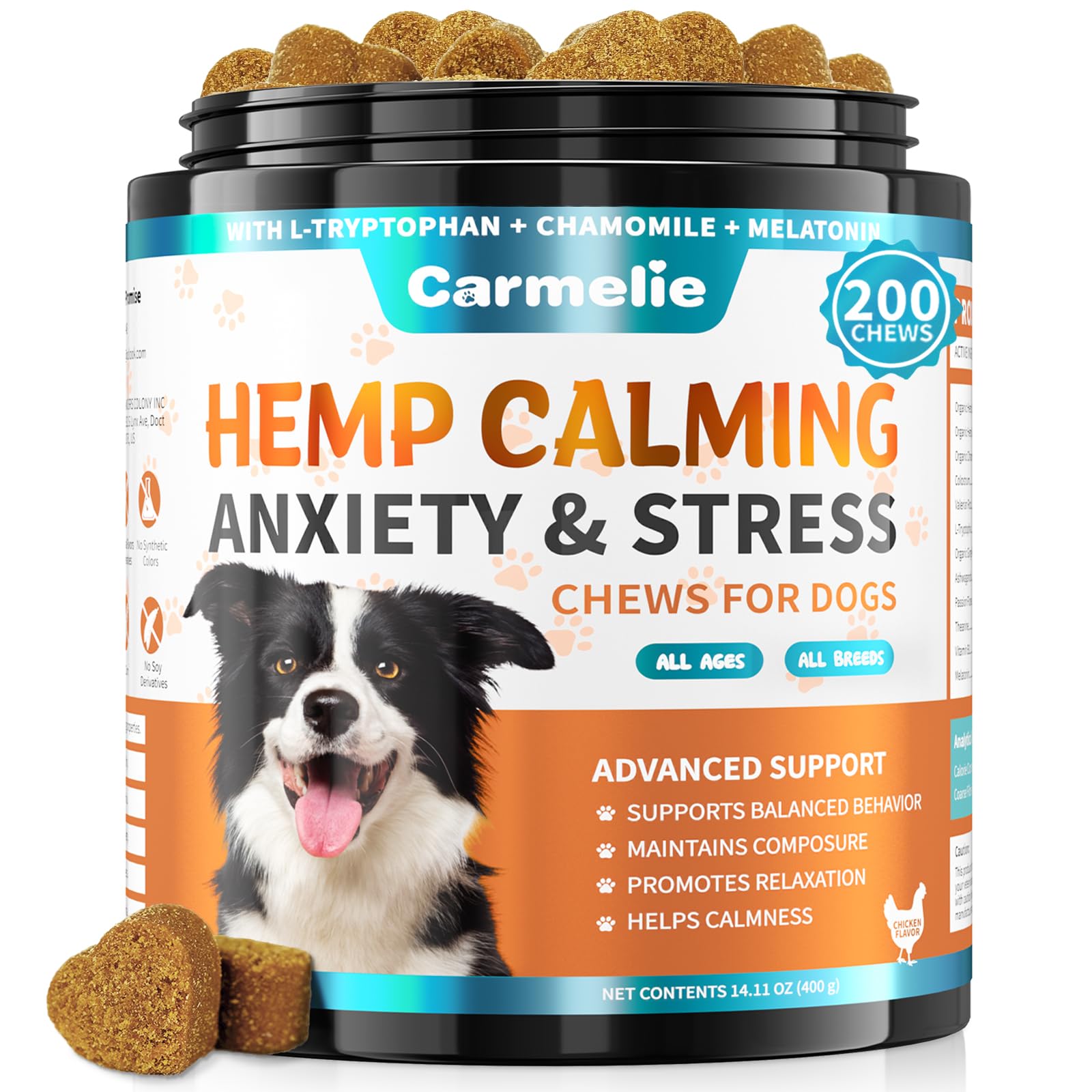 Carmelie hemp calming chews bottle closeup with soothing formula for dog anxiety relief