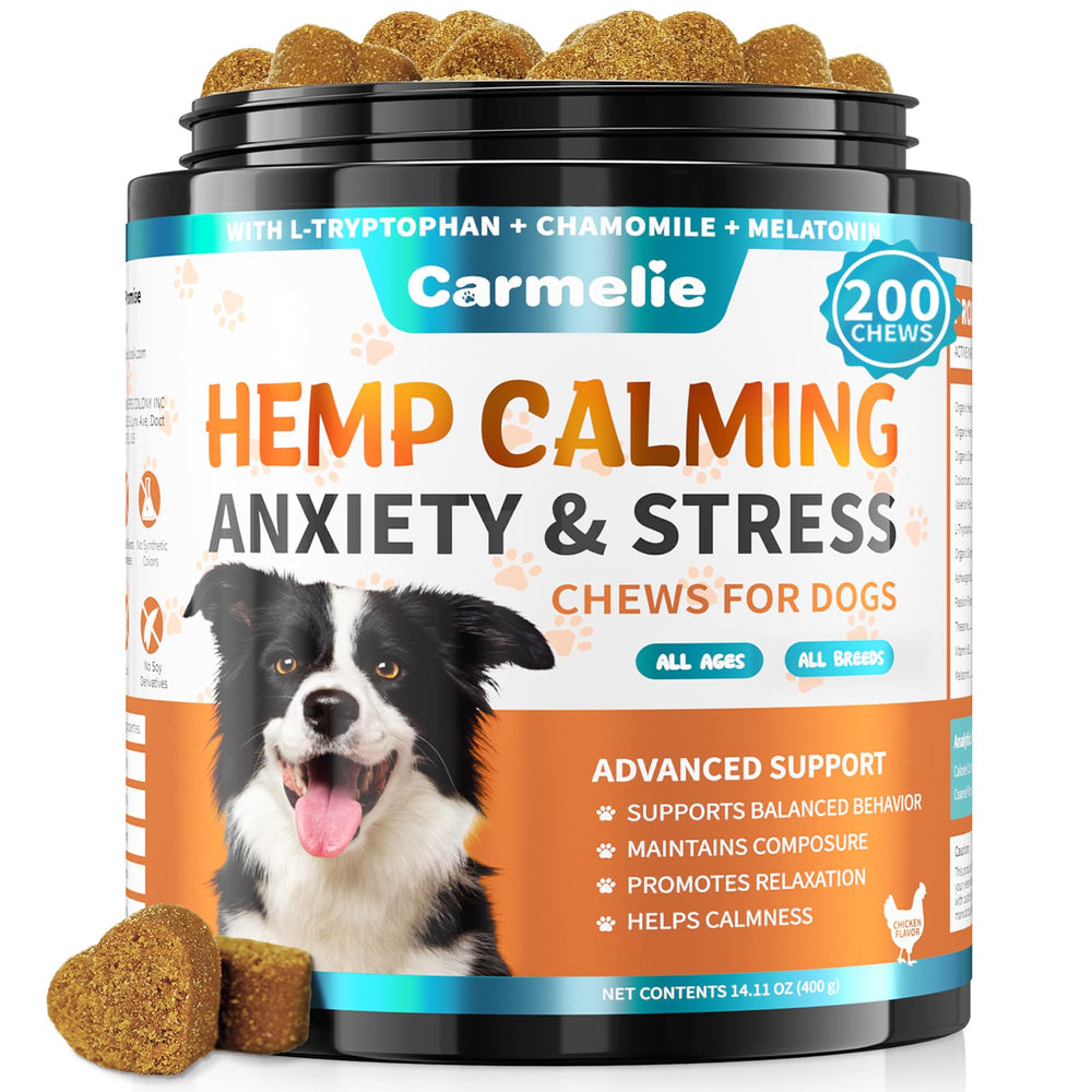 Carmelie hemp calming chews bottle closeup with soothing formula for dog anxiety relief