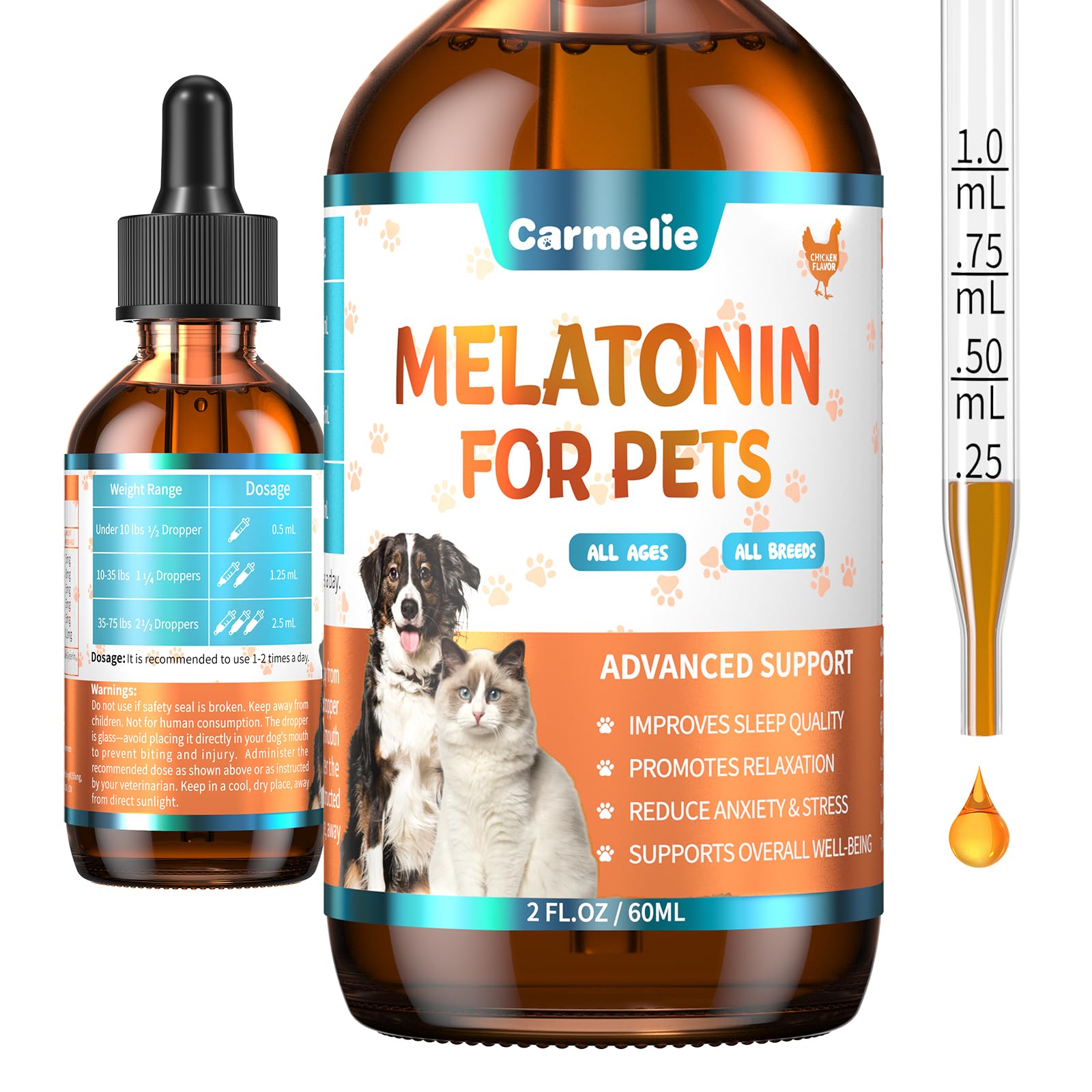 Carmelie melatonin for pets bottle front promotes sleep support for dogs and cats