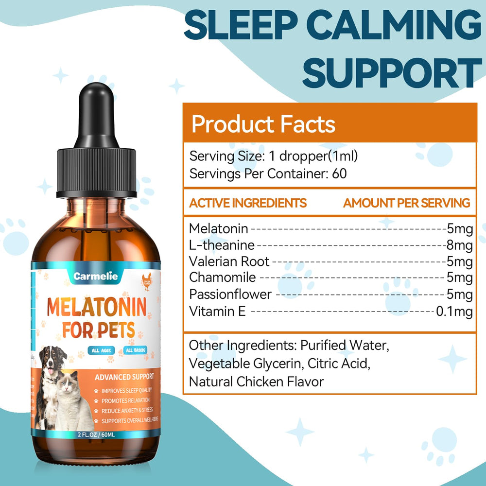 Carmelie melatonin for pets dosing guide image highlights easy weight-based dosing