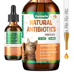 Carmelie natural antibiotics for cats bottle label highlights organic ingredients for pet wellness.