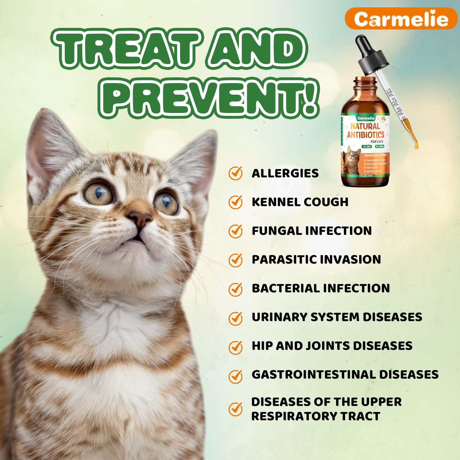 Carmelie natural antibiotics for cats packaging and bottle design communicates safety and quality.