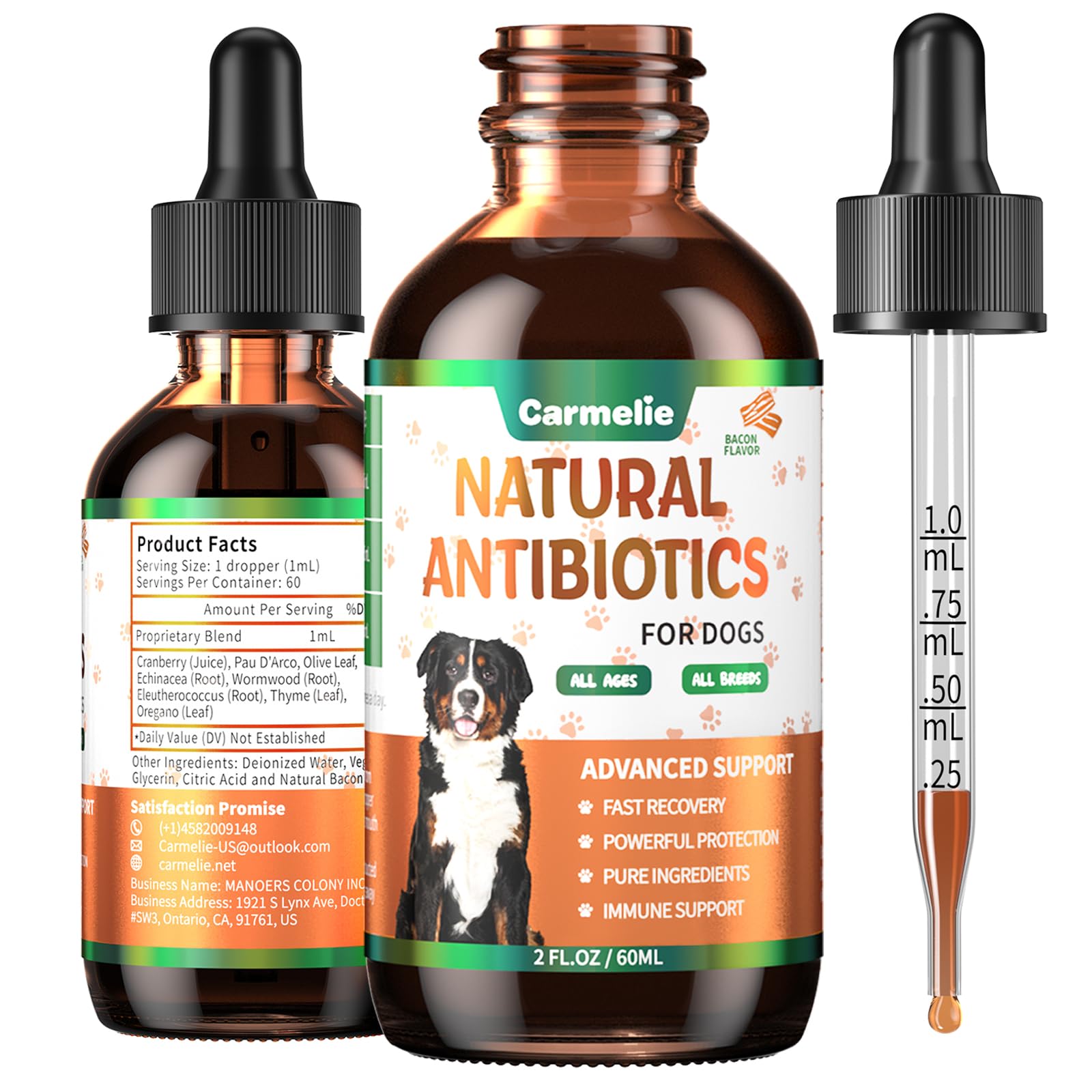 Carmelie natural antibiotics drops bottle with bacon flavor supports dog skin health.