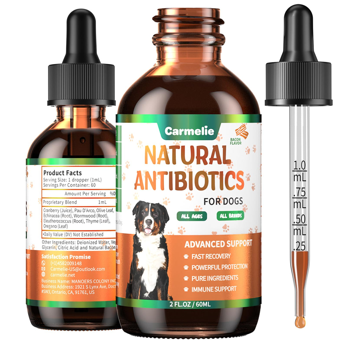 Carmelie natural antibiotics drops bottle with bacon flavor supports dog skin health.
