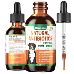 Carmelie natural antibiotics drops bottle with bacon flavor supports dog skin health.