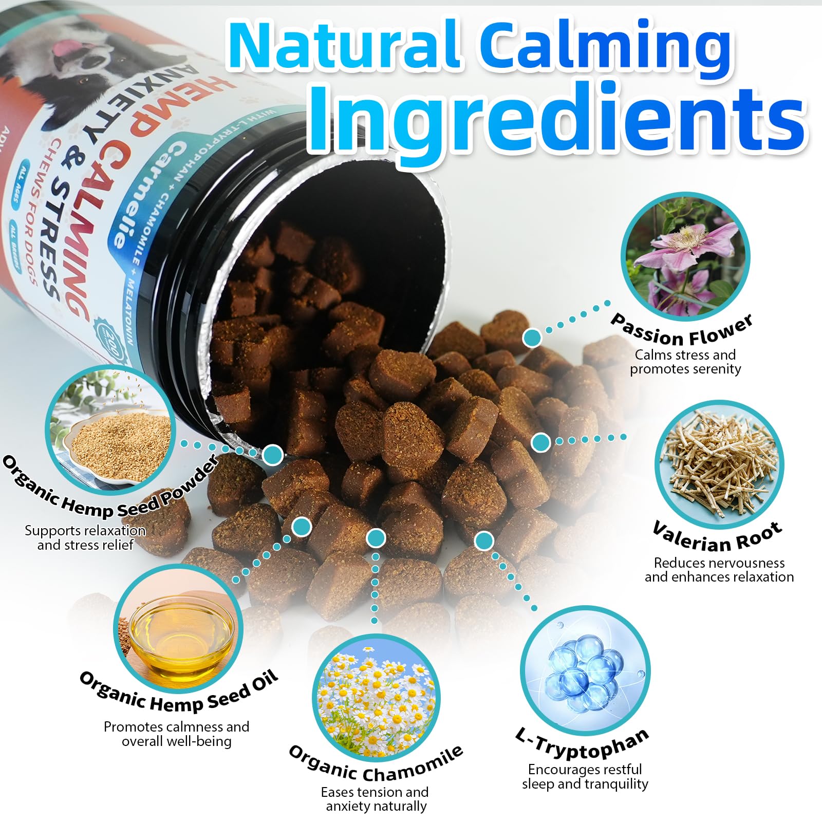 Carmelie natural ingredients no additives image emphasizing clean, grain-free calming solution